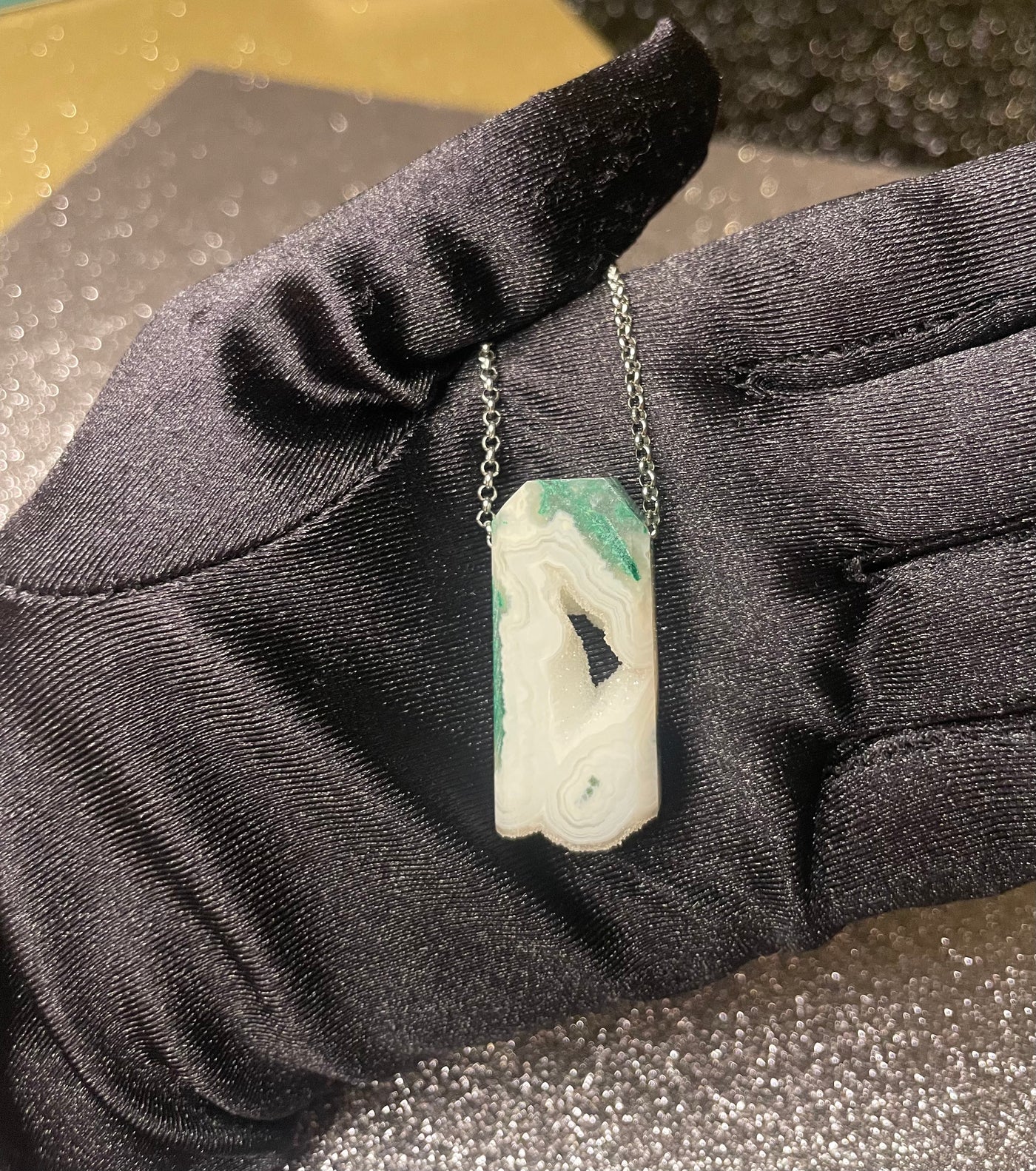 White Druzy & Malachite Pendant (Rare)