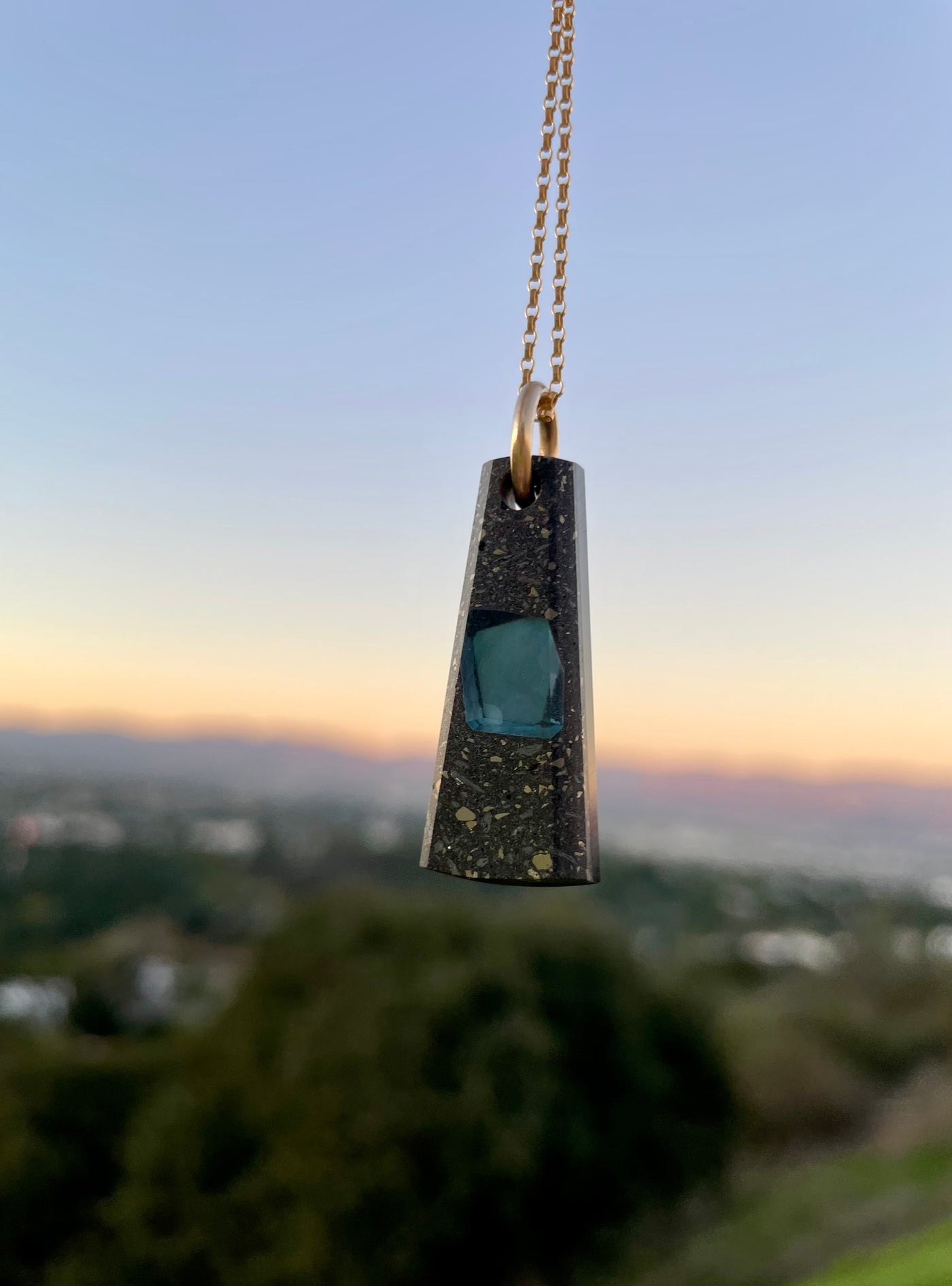 Topaz Inlay in Pyrite, Hematite & Black Jade Pendant