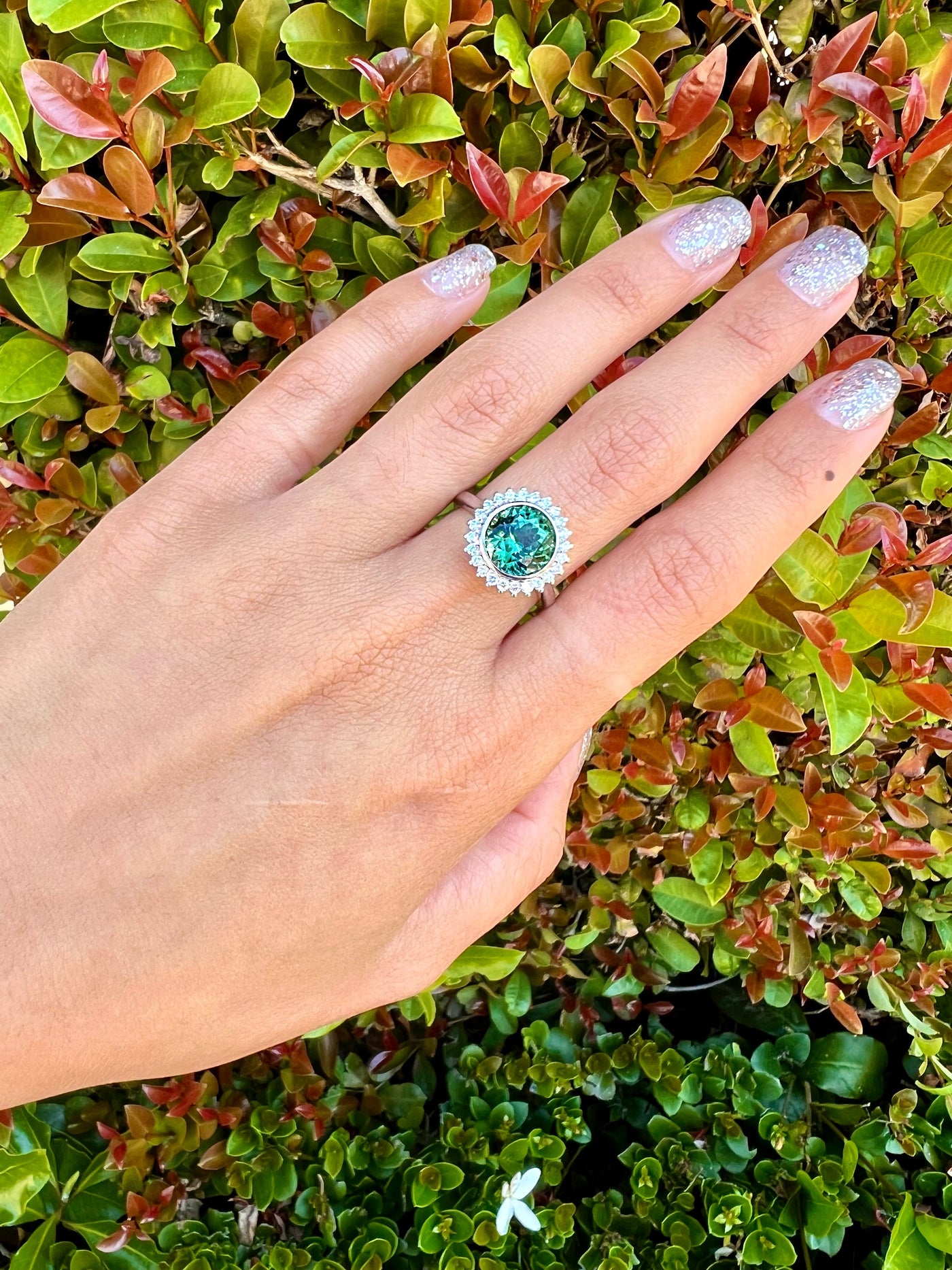 Blue Green Tourmaline & Diamond 14K Gold Ring